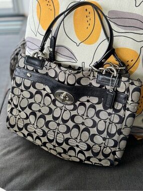 Coach Penelope Signature Canvas/Leather Caryall Bag in Black/Khaki